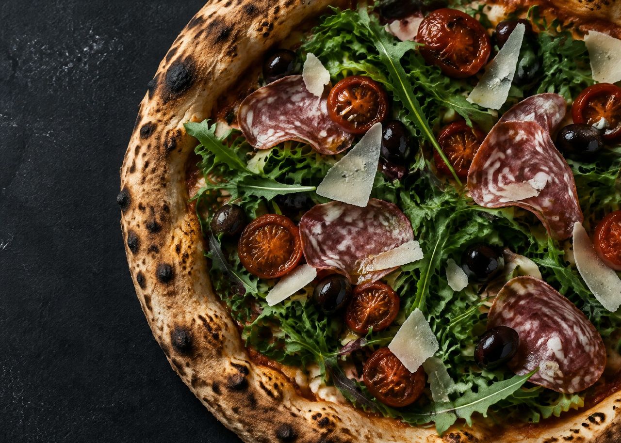 Pizza con rúcula, parmesano y salami
