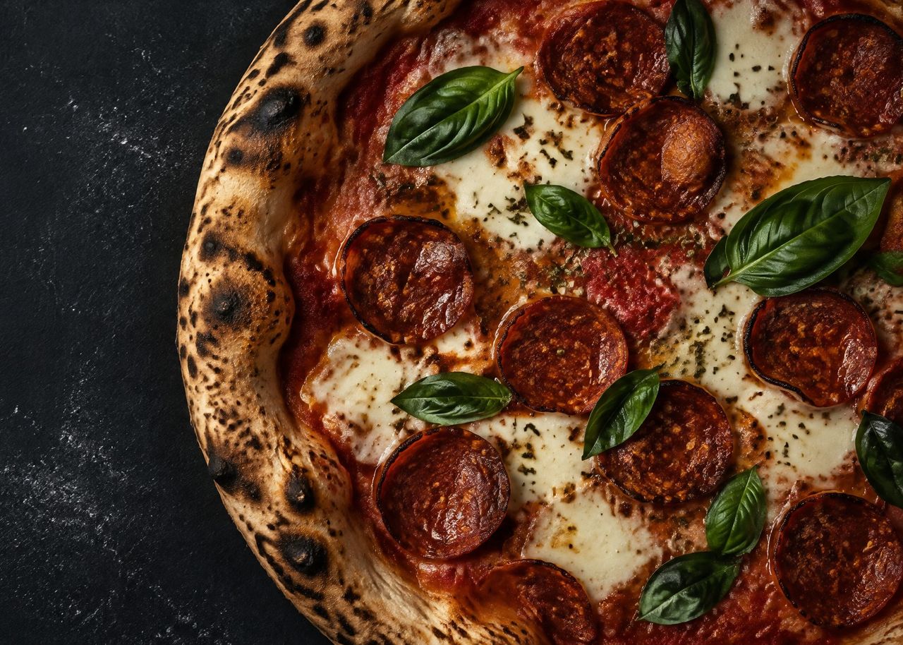 Pizza de chorizo y albahaca